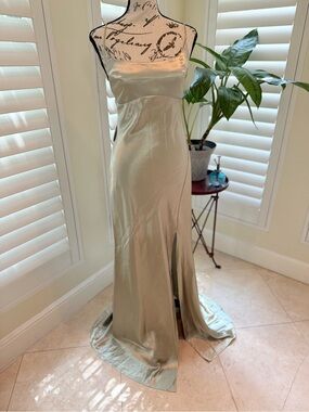 Oh Hello Clothing Champagne Green Satin Slip Dress with Slit Size M